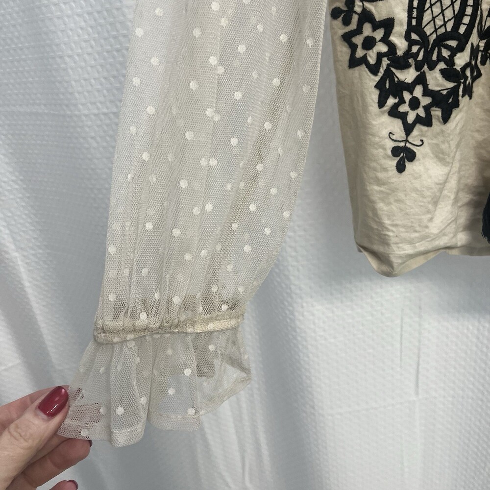 Cupio Beige Black Floral Embroidered Swiss Dot Mesh Sleeve Boho Top Medium - Picture 2 of 6